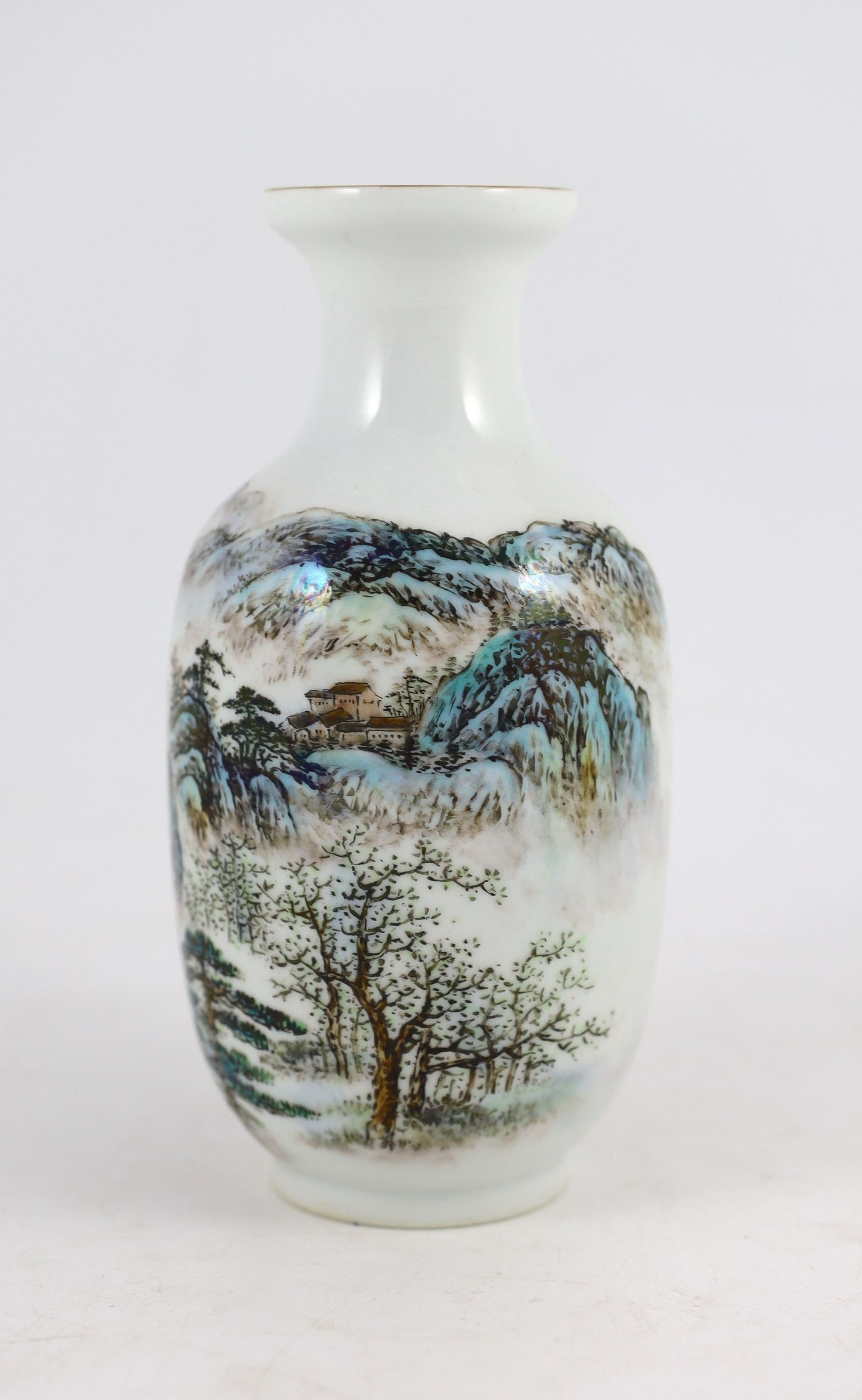 A Chinese landscape baluster vase, circa 1950, 19cms high.